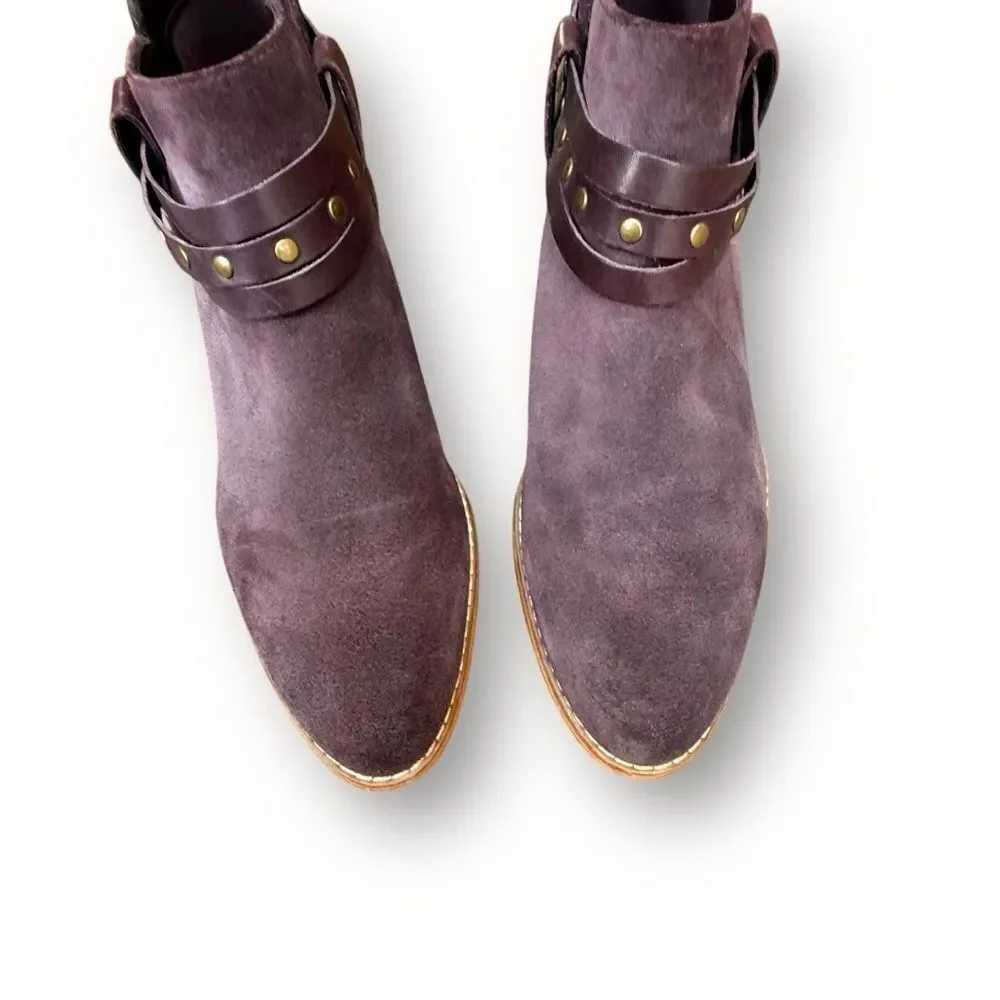 Clarks Women's Burgundy Western Harness Suede Ankle Boots Size 7.5 Studded Strap
